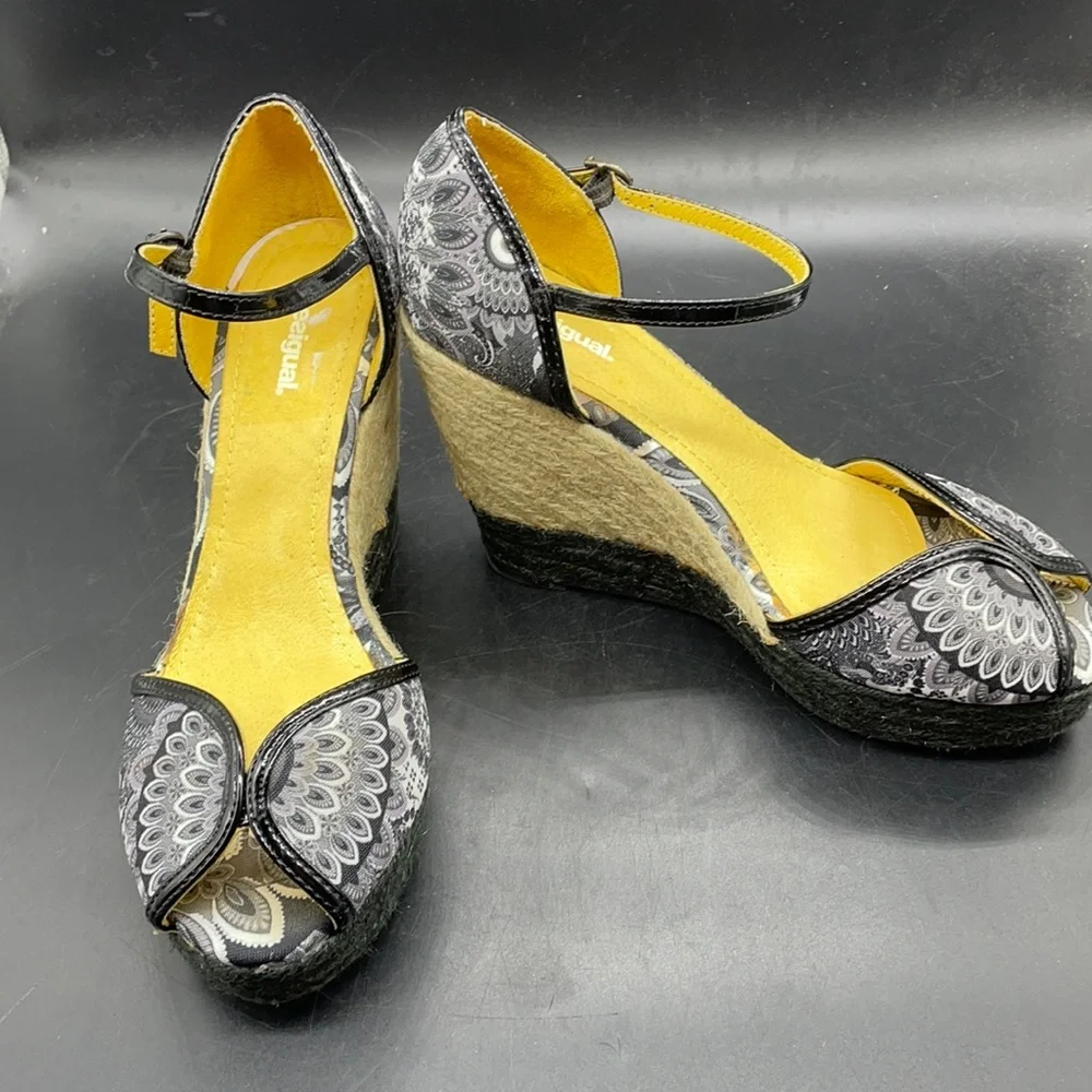 Desigual Black Wedge Peep Toe Sz 37
